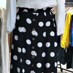 B&W polka dot skirt and white blouse